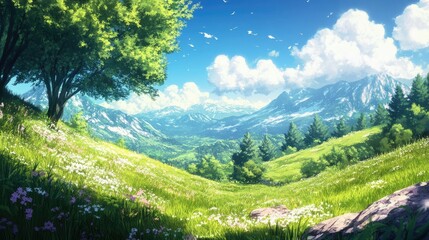 Green Hillside with Mountains and Clouds Under a Blue Sky