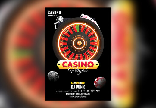 Casino Royal Party Flyer with Roulette, Poker Chips and Playing Cards, Editable Design.
