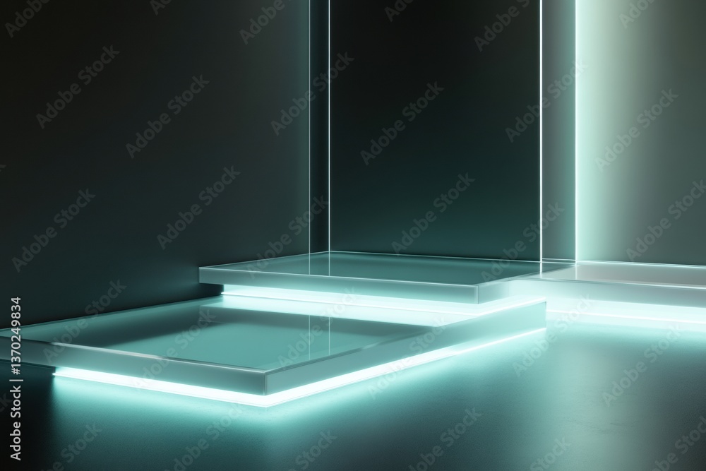 Poster Futuristic glass display platforms with soft glowing edges create a minimalist aesthetic space, a clean environment, and a floating presentation area