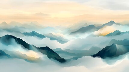 Serene Misty Mountains Sunrise Landscape Painting