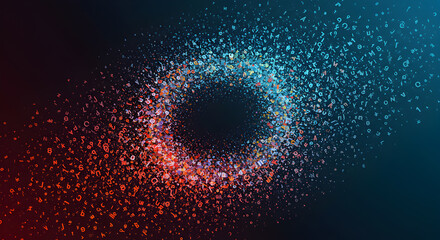 Conceptual typography portal with disintegration effect and glowing elements