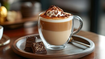 Luxurious Coffee with Cream and Chocolate on a Wooden Plate