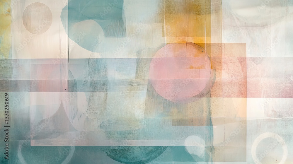 Poster a captivating composition of soft pastel shapes, including circles and squares, layered to create a 