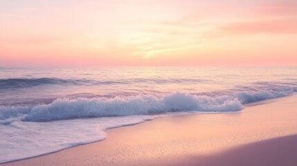 Serene coastal sunset. Gentle waves meet the shore at golden hour