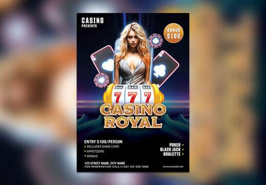 Casino Royal Editable Flyer with Slot Machine and Blonde Woman for Advertisement.