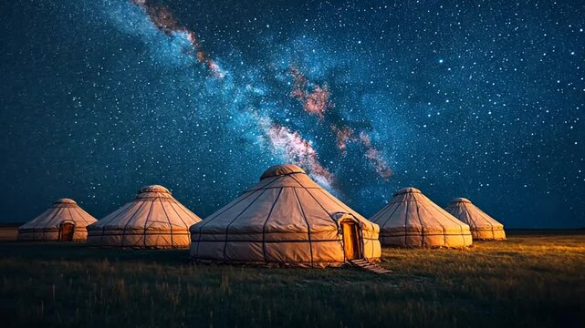 Starry Night Yurts in Mongolian Steppe, Stunning Landscape, Travel Destination, Photography, Stock
