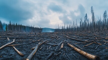 Desolate Landscape After Forest Fire Showing Charred Trees and Blackened Ground in a Gloomy Sky with Rolling Clouds and Distressed Environment Seeming to Reflect Climate Change Impact