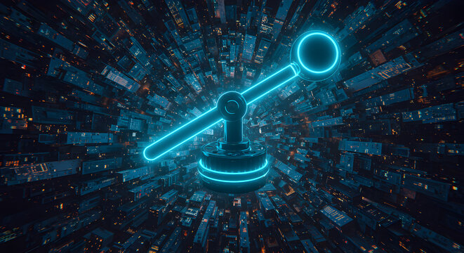 Neon lever poised above abstract futuristic city, shifting paradigms and dimensional travel