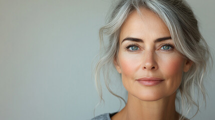 Beautiful woman with grey hair and blue eyes posing