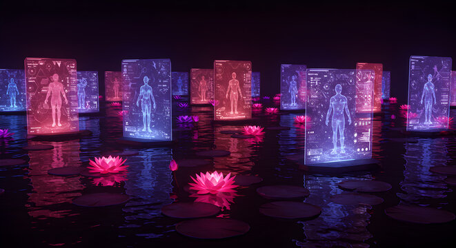 Surreal neon lotus pond reflecting holographic interfaces and virtual realms