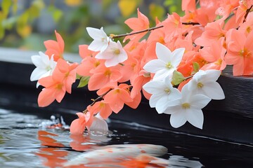 Koi pond with orange flowers, and zen garden.