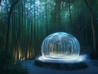 Futuristic glass wellness pod nestled in a tranquil bamboo forest, surrounded by ethereal bioluminescent mist at dusk. Abstract sound wave visualizations float in the air