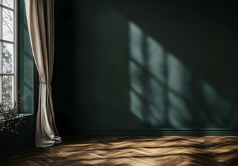A vintage dark green wall with a parquet floor, curtains on the left side, and a window in the background