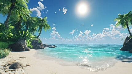 A crystal-clear sky over a tropical beach, where the sun meets the turquoise ocean