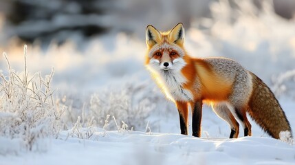 Obraz premium A curious fox standing in a snowy landscape, its bright orange fur contrasting beautifully with the white surroundings