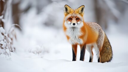 Fototapeta premium A curious fox standing in a snowy landscape, its bright orange fur contrasting beautifully with the white surroundings