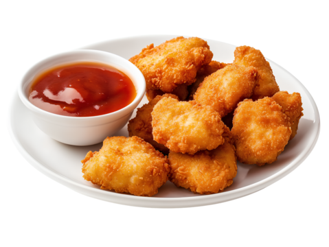  Alter the perspective of KFC's chicken nuggets, now served on an elegant plate with sweet and sour sauce in a small bowl. The dish is placed against a Transparent background PNG