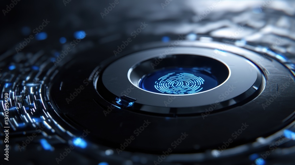 Poster a cutting-edge digital button with fingerprint recognition, representing next-gen security technolog