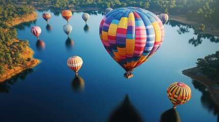 Fototapeta premium Colorful hot air balloons reflecting on a tranquil lake, surrounded by lush forests