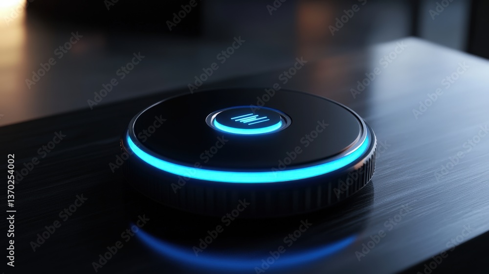Poster a cyber-inspired push button with an illuminated surface, designed for ai-driven applications