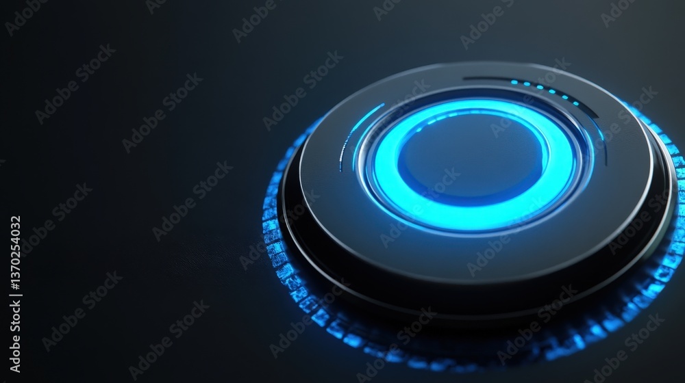 Poster a cyber-inspired push button with an illuminated surface, designed for ai-driven applications