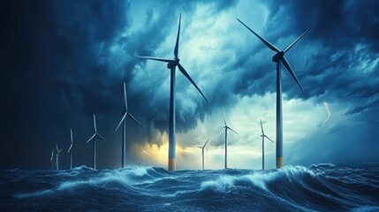 Dramatic Seascape with Wind Turbines Against Stormy Sky Capturing the Power of Renewable Energy and Nature's Fury in a Turbulent Environment