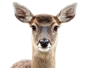 Obraz premium Close Up Portrait of a Fawn Against White Background Staring Ahead