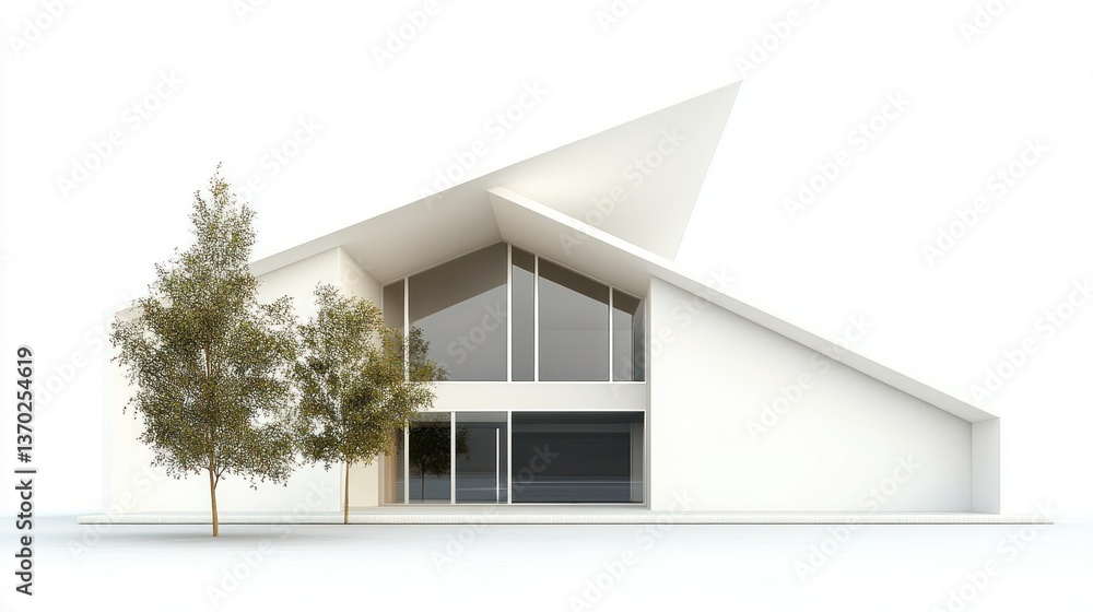 Leinwandbilder modern white house architectural 3d render isolated on white background with two small trees in fron