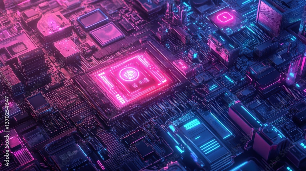 Poster a cyberpunk-inspired digital space with neon-lit circuits, interactive ai holograms, and advanced te