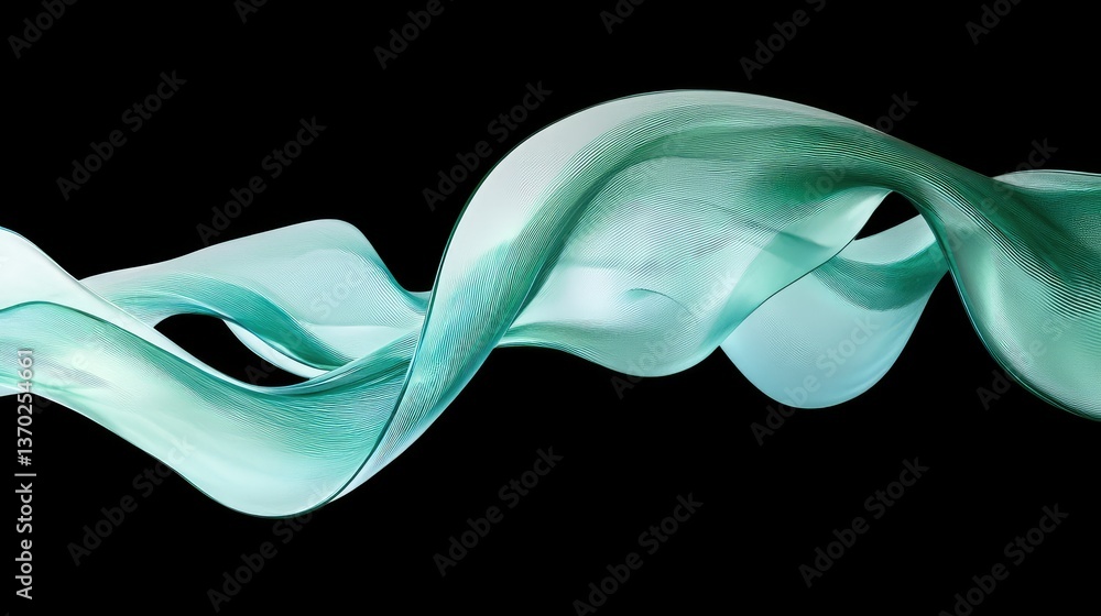 Poster abstract flowing waves in soft teal color against a black background, showcasing elegance and fluidi