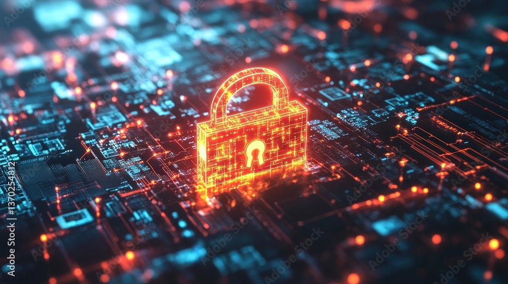 Poster a cybersecurity concept featuring a glowing digital lock surrounded by data streams and encryption c