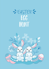 Easter poster with two cute cartoon bunnies, painted Easter eggs and egg hunt lettering
