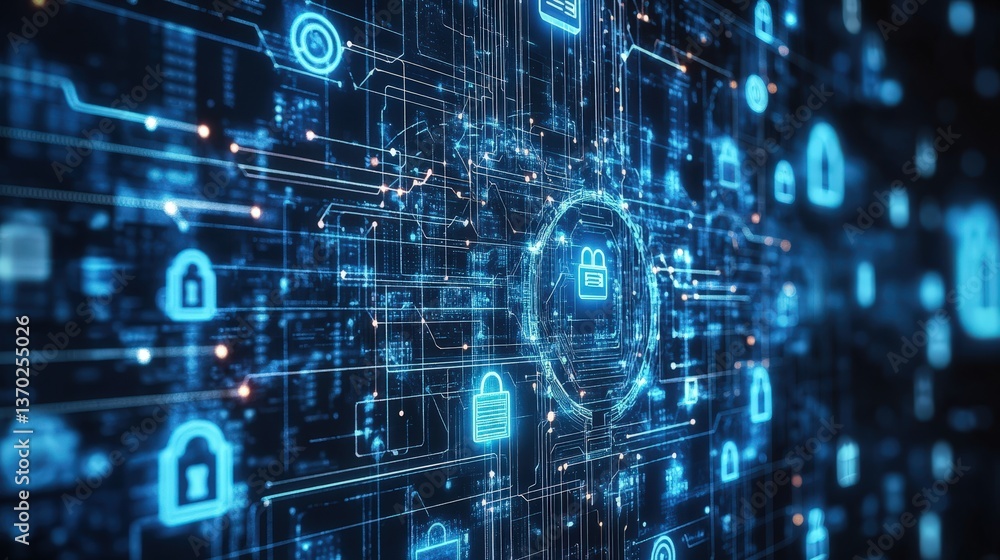 Poster cybersecurity concept with an abstract matrix of locked data vaults, encrypted digital elements, and