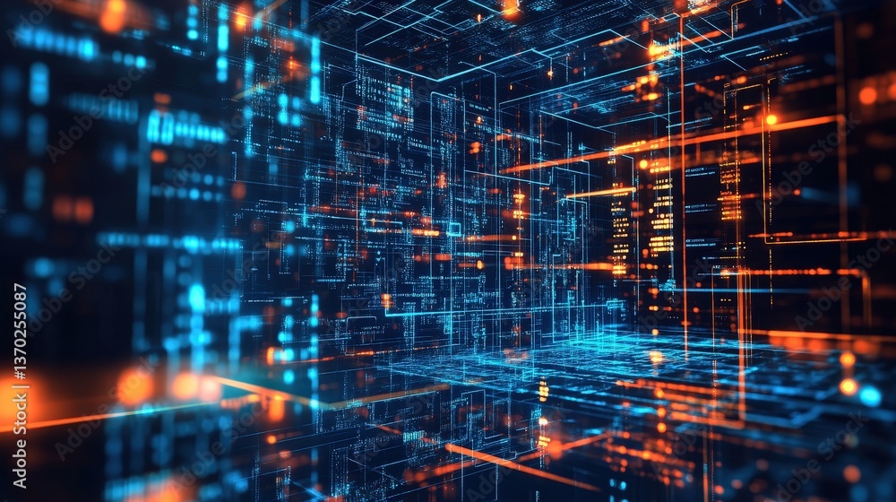 Poster cybersecurity concept with an abstract matrix of locked data vaults, encrypted digital elements, and