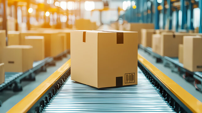 A box on a conveyor belt in a warehouse, surrounded by other packages, highlighting automated logistics and efficient packaging processes.