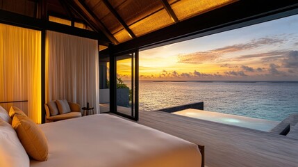 Luxurious villa bedroom offering a serene sunrise vista over the ocean
