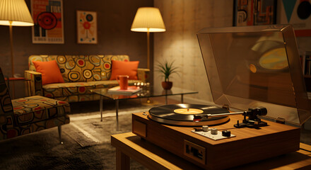 A captivating scene of a vintage record player spinning records in the room