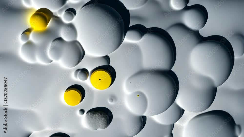 Poster a bunch of spheres in different sizes and colors. the yellow sphere is in the middle