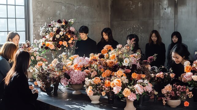A group of women participate in a floral arranging workshop.