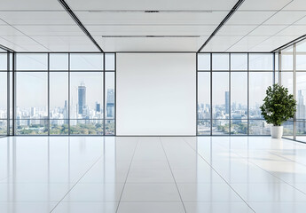 A white wall in the middle of an open-plan office with glass windows and a city view