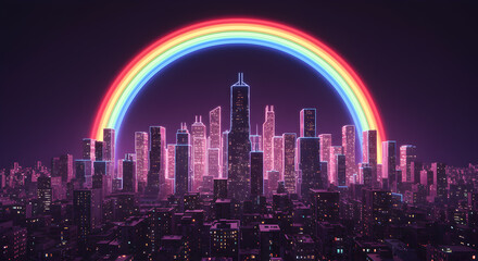 Fototapeta premium Neon Rainbow Over Futuristic Cityscape Illuminated in Cyberpunk Colors