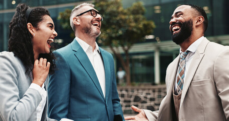 Business people, laugh and team outdoor in city for discussion, funny conversation or deal. Happy men, woman or corporate colleagues together for friendship, partnership or networking for work