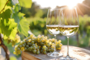 Two glasses of white wine and grapes at sunset in vineyard