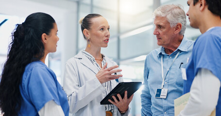 Doctors, team and tablet for hospital management with discussion for funding, planning and review. People, leader and group with surgeon, problem solving and feedback with app at wellness clinic