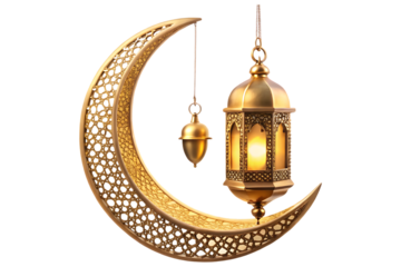 hanging Golden moon and islamic lantern cutout on transparent background
