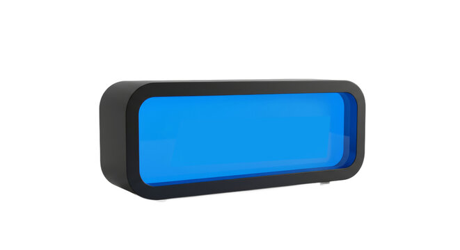 Sleek modern digital alarm clock with vivid blue display on white background