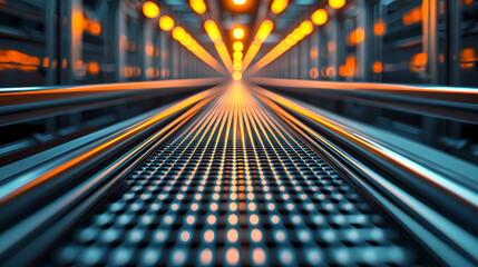 A vibrant tunnel of lights converging at a bright point, showcasing a futuristic perspective with a focus on patterns and reflections.