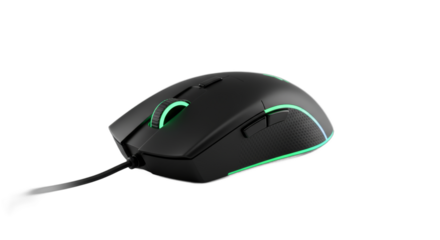 Ergonomic gaming mouse with vibrant green led accents on a white backdrop