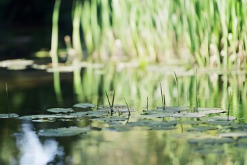 Pond with lily pads and reeds in a blurred, natural setting