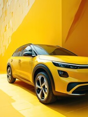 Modern yellow car displayed against a geometrically textured wall scene